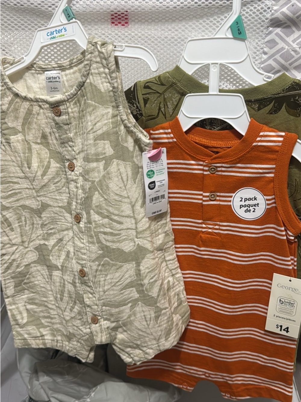 Carter's & George Baby Romper Set — Olive Leaf + Rust Stripe